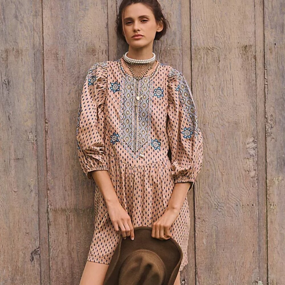 Anthropologie Tunic Embroidered Mauve Mini Dress Size S Boho Western Festival